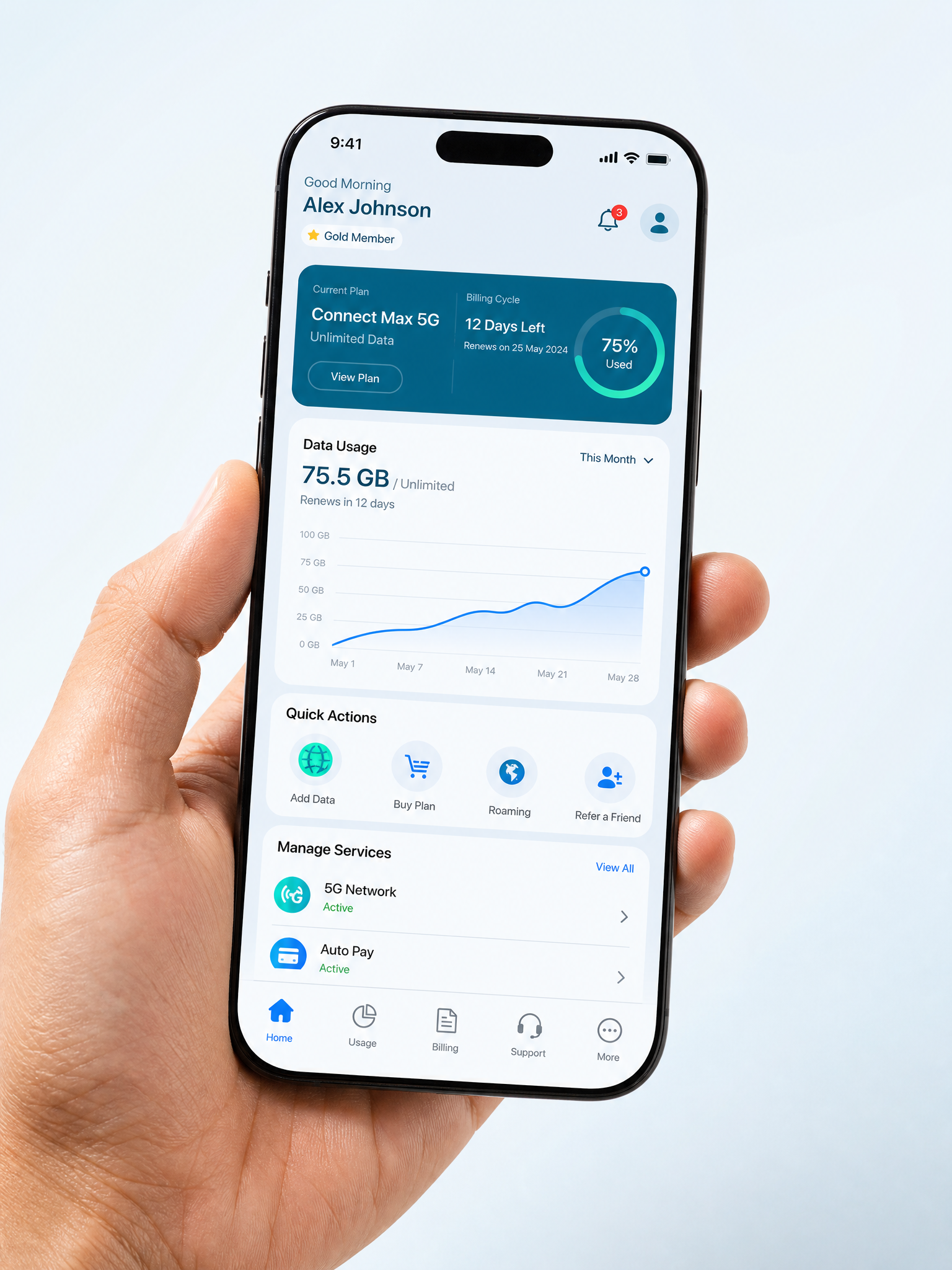 App MexaRed mostrando saldo, consumo y recarga en un smartphone